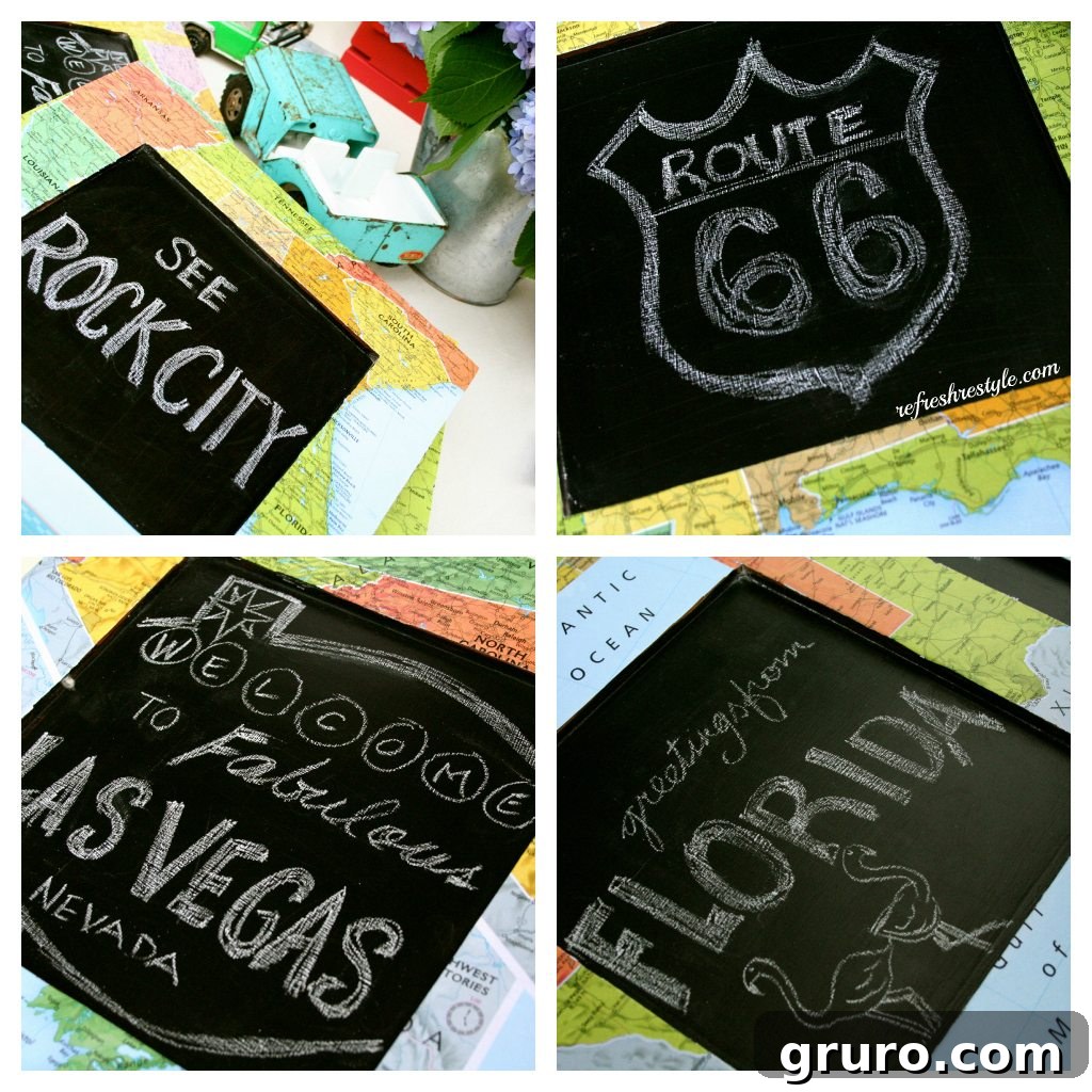 Beautifully arranged road trip themed tablescape with map chargers and painted napkins