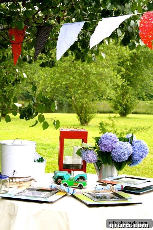 Full view of the road trip tablescape set up for entertaining