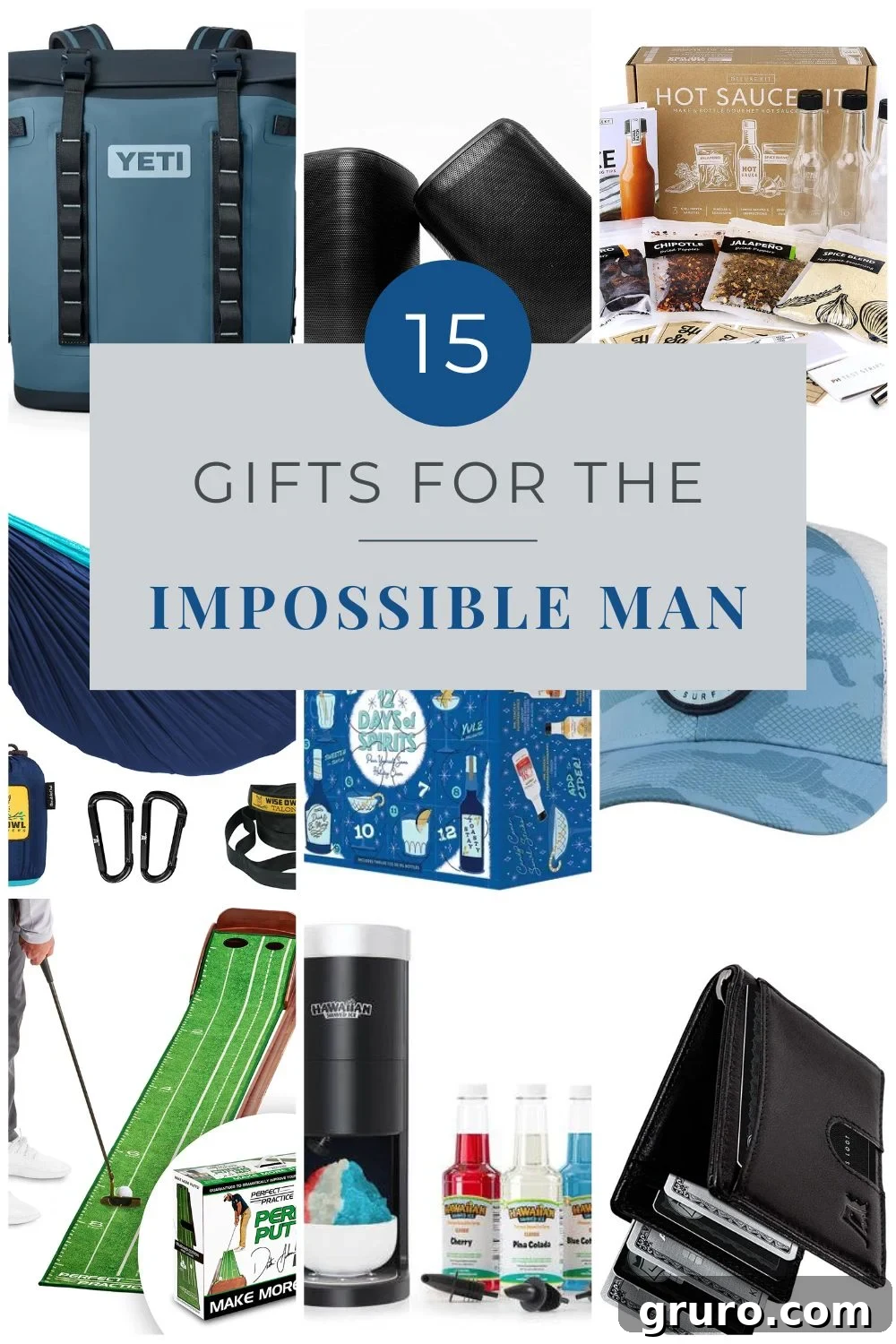 A collage of 9 different men's gifts, designed for Pinterest, with text overlay: '15 Gifts for the Impossible Man'.