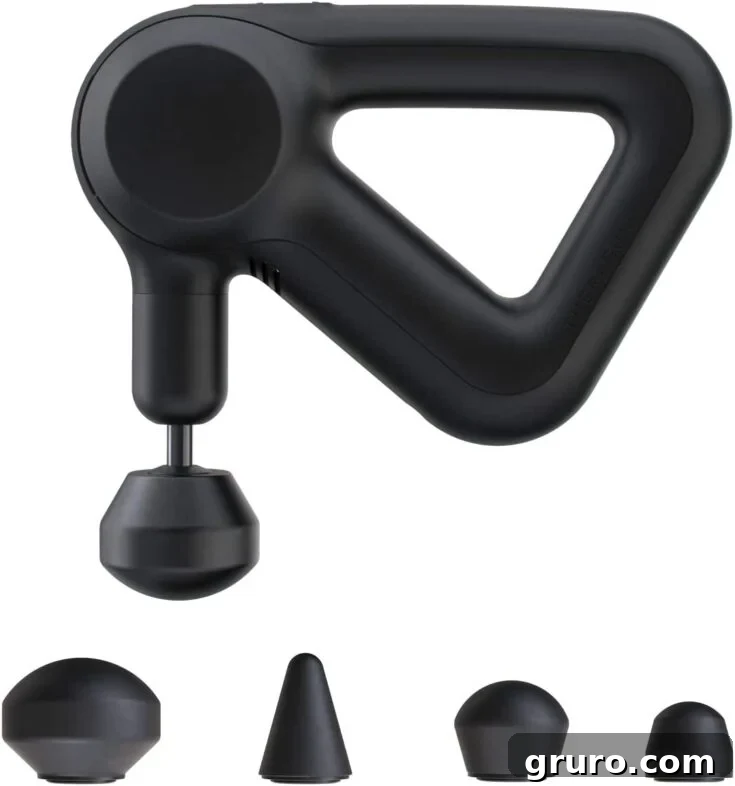 An electric handheld massage gun with various attachments