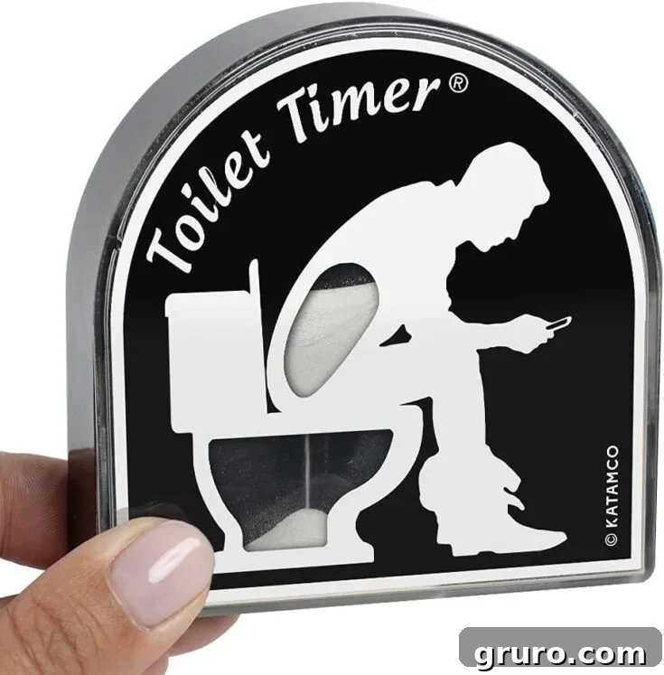 A humorous toilet timer shaped like a toilet paper roll