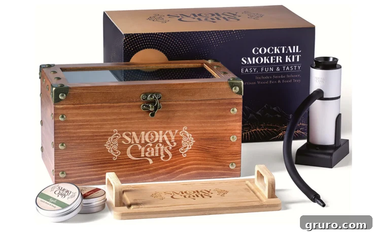 Smoky Crafts Cocktail Smoker Kit for Drinks, featuring a wooden smoker box, smoking gun, and wood chips