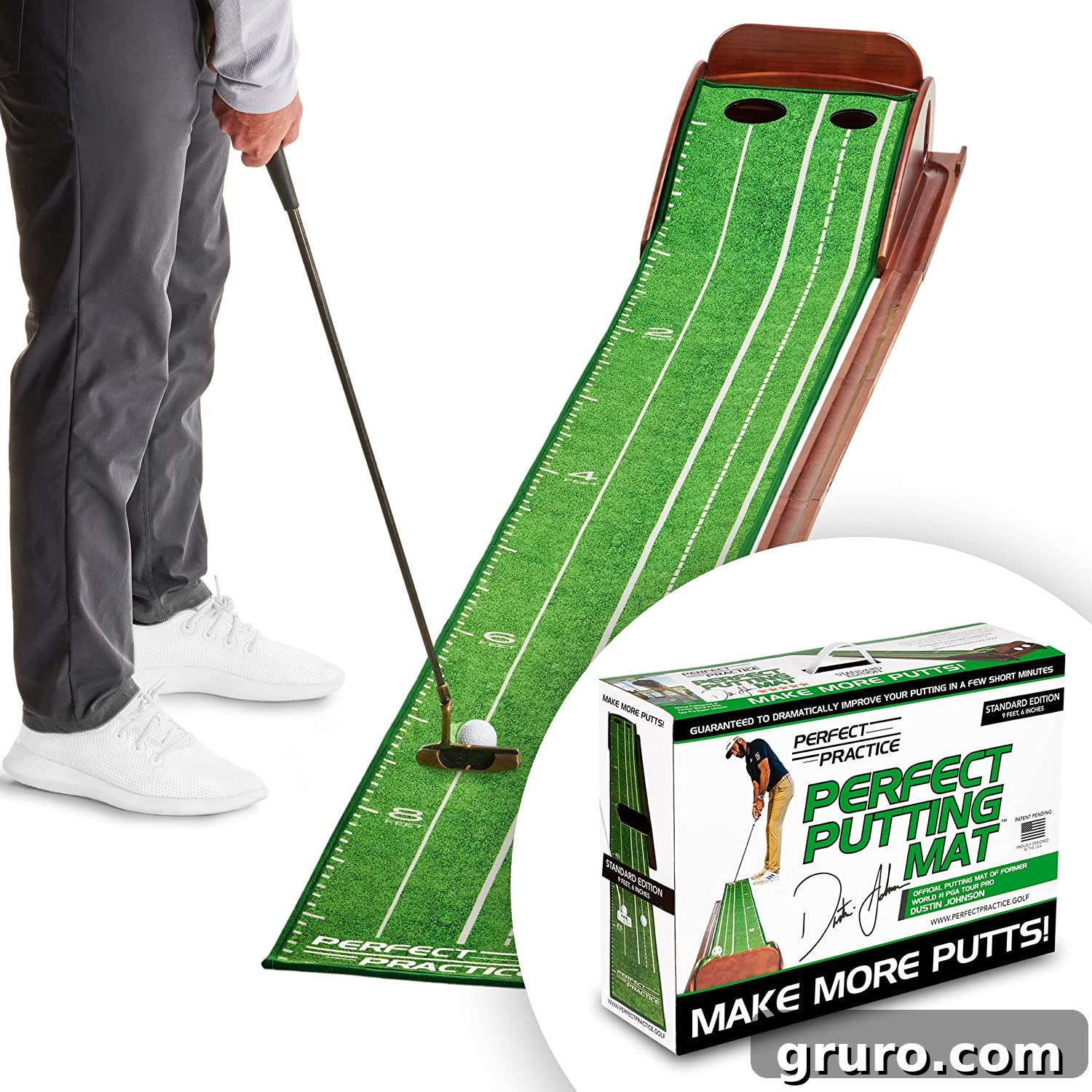 An indoor golf putting green with a golf ball and putter