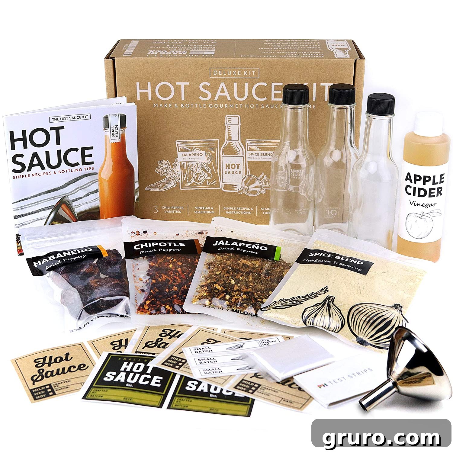 Deluxe Hot Sauce Making Kit with bottles, peppers, and spices