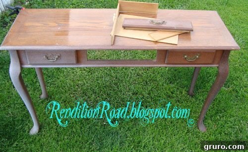 Project Table Sofa table makeover with a custom stencil design on top, showing elegant detail