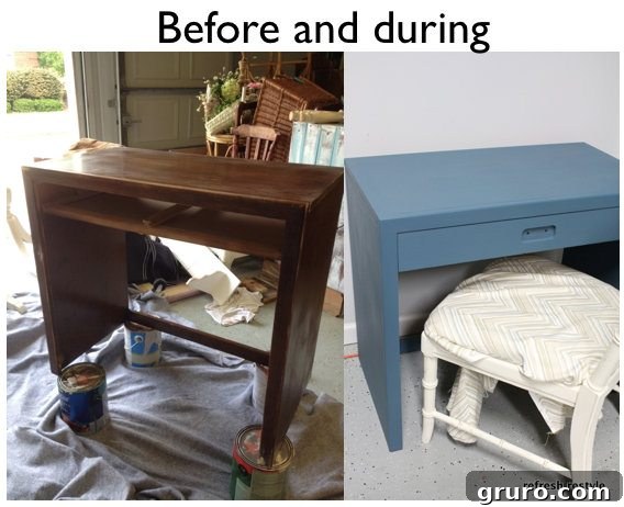 Aubusson Blue Chalk Paint desk showing the initial transformation stages