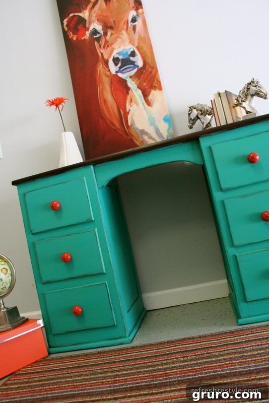 Bold Turquoise Desk Bold turquoise painted vintage desk makeover