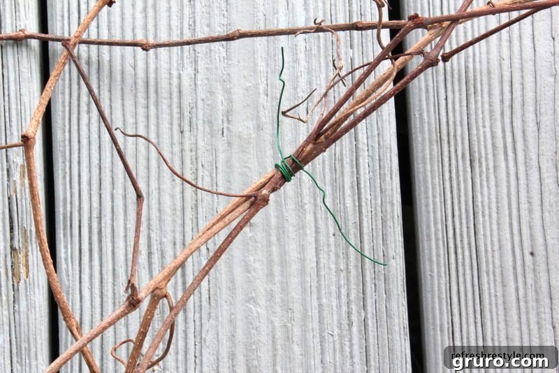 Vines and twigs intricately woven into a sturdy circular wreath base, secured with wire.