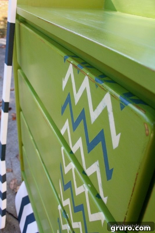 Chevron and Apple Green Dresser with Distressing