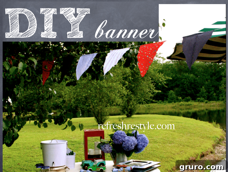 A colorful DIY no-sew banner made from recycled clothes, adding festive flair to an outdoor space.