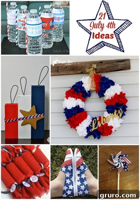 July 4th Ideas Collage showcasing various crafts and decor for Independence Day