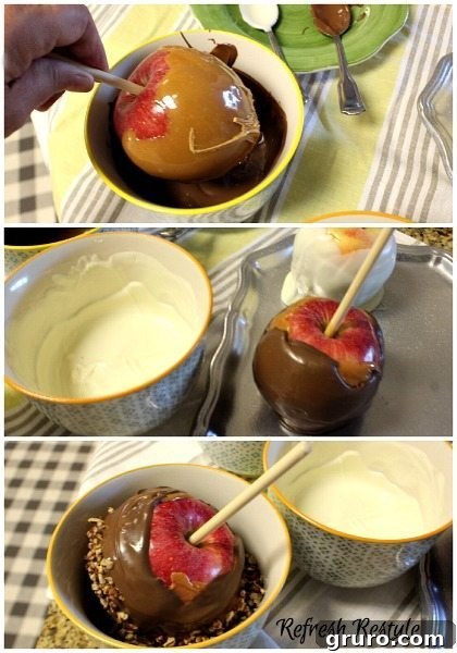 Close-up of a Chocolate Caramel Apple with Chopped Nuts