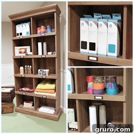 Organized craft supplies on an Urban Classic Bookcase shelf, featuring vinyl rolls, paint, and decorative boxes.