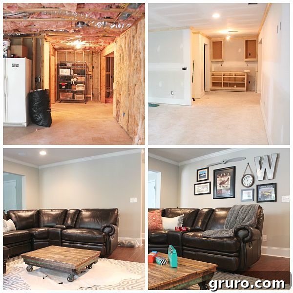 Before and after transformation of a basement refinish project at refreshrestyle.com