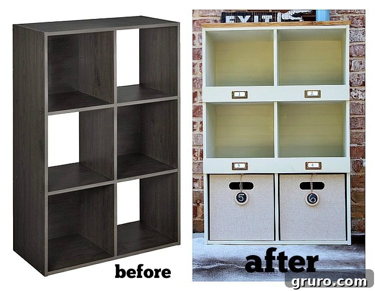 Rustic Charm Storage Cubes 12 Before and after comparison of a laminate storage cube makeover into a farmhouse style organizer
