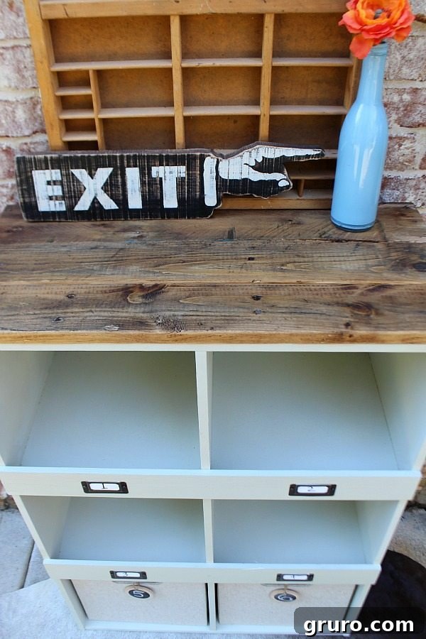 Rustic Charm Storage Cubes 6 Close-up of the rustic pallet wood top added to the laminate storage cube