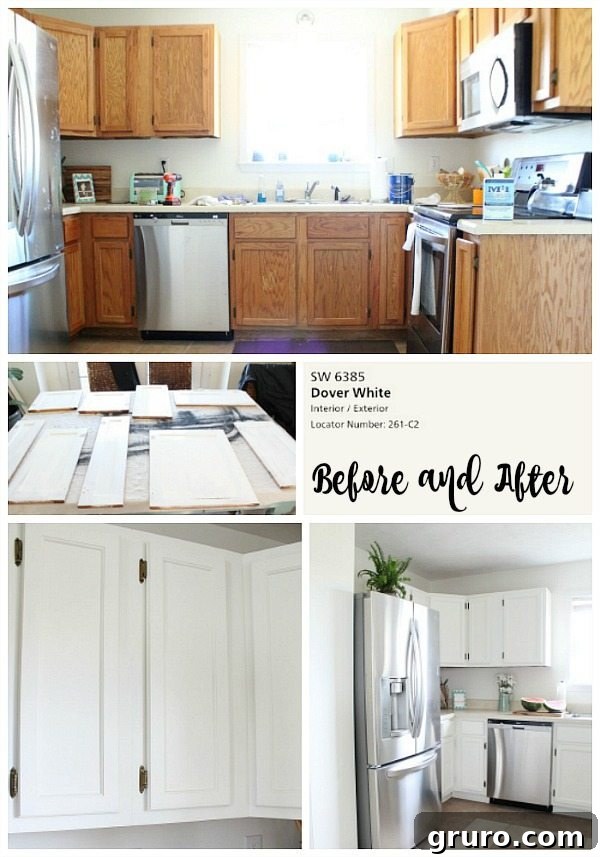 SW Dover White Kitchen Cabinets Transformation Before and after comparison of cottage kitchen cabinets painted with Sherwin Williams Dover White, showcasing a bright and fresh kitchen transformation.