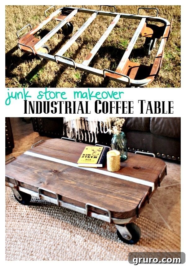 Build Your Industrial Cart Coffee Table 14 Industrial coffee table made from a junk store find, perfect for rustic and modern interiors.
