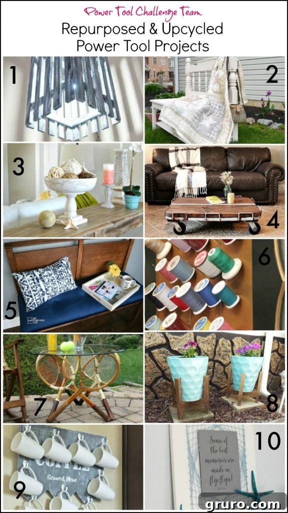 Build Your Industrial Cart Coffee Table 15 Power Tool Challenge Team Repurposed and Upcycled Power Tool Projects banner with various DIY creations.
