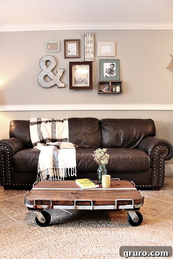 Build Your Industrial Cart Coffee Table 3 Factory cart transformed into a DIY rustic farmhouse coffee table with a reclaimed wood top.