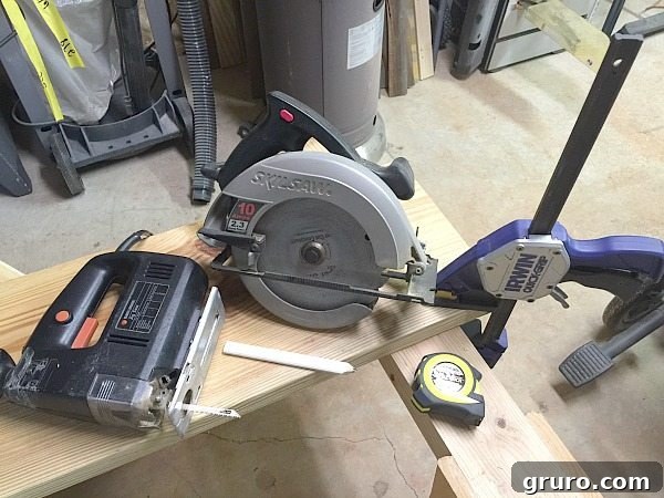 Build Your Industrial Cart Coffee Table 5 Tools for repurposing an industrial cart into a coffee table, including saws, sander, and safety gear.