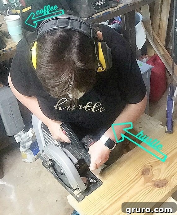 Build Your Industrial Cart Coffee Table 7 Using a skill saw to make precise cuts for the wooden coffee table top.