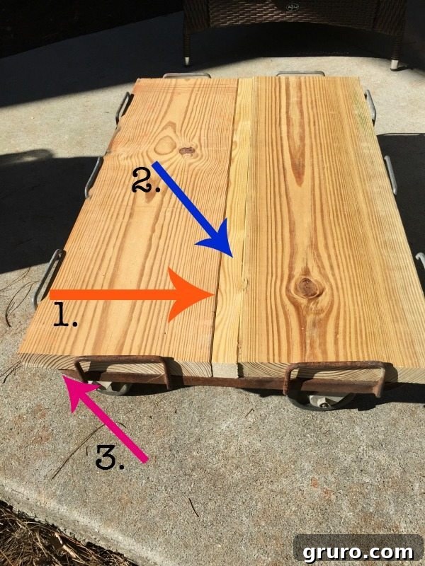 Build Your Industrial Cart Coffee Table 8 Close-up of the wood cuts made for the industrial coffee table tabletop.