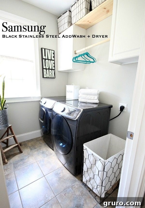 Final look at the beautifully updated laundry room, showcasing the high-performance Samsung AddWash Washer and Dryer
