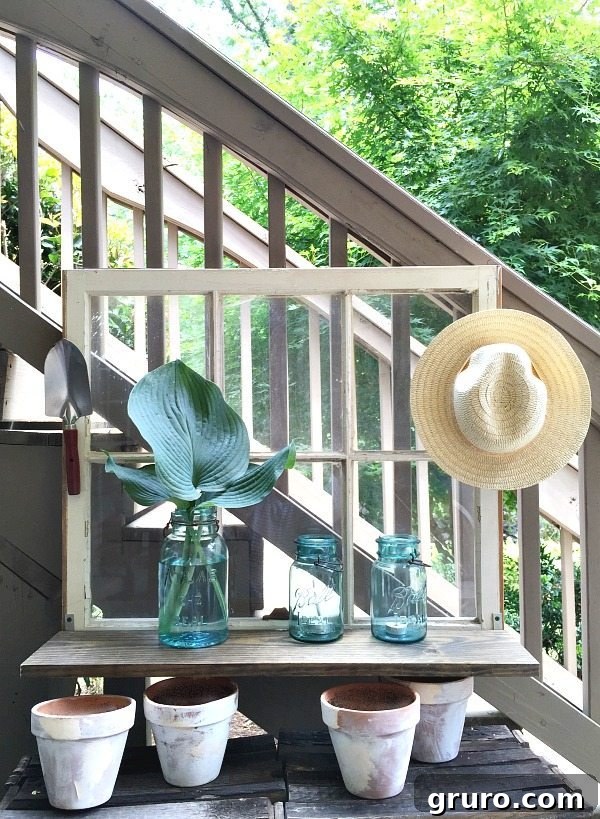 Upcycled Windows for Charming Garden Decor 6 Garden window - Repurposed Window is now a Garden Shelf - easy power tool challenge perfect for the patio at Refresh Restyle