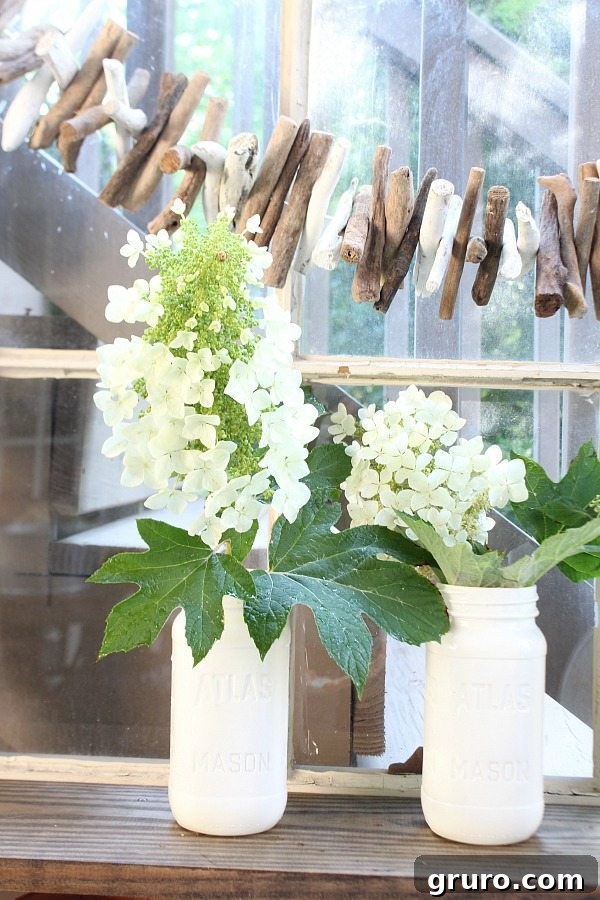 Faux Milk Glass Projects 7 Rustic milk glass vase made from a repurposed jar holding white hydrangeas