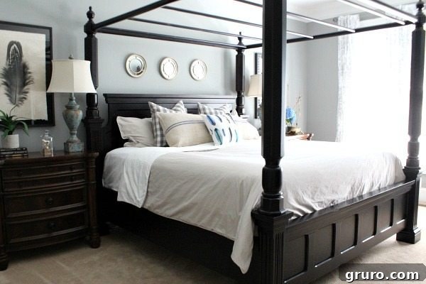 Blues and grays for a calming master bedroom at refreshrestyle.com