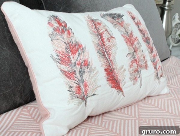 Feather pillow - Guest room with corals and gray at refreshrestyle.com