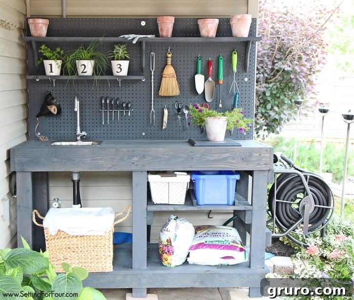 Monday Summer DIY Inspiration 8 A practical and stylish DIY potting bench with a built-in sink, ideal for gardening enthusiasts and outdoor projects.