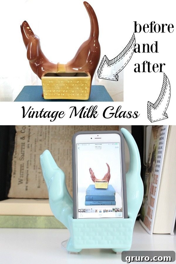 Vintage milk glass dachshund makeover now elegantly holding an iPhone