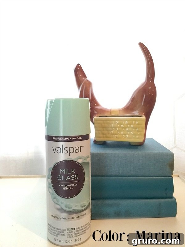 Valspar Milk Glass spray paint in Marina used for vintage item makeovers