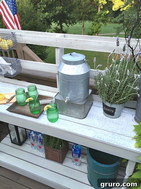 Rustic Farmhouse Pallet Potting Table 10 Potting or serving area - Dining -Rustic farmhouse serving area idea - Made from a pallet - outdoor potting table serves as buffet or drink service area