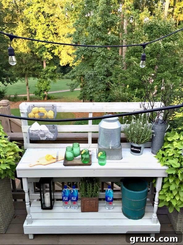 Rustic Farmhouse Pallet Potting Table 11 Made from a pallet - outdoor potting table serves as buffet or drink service area
