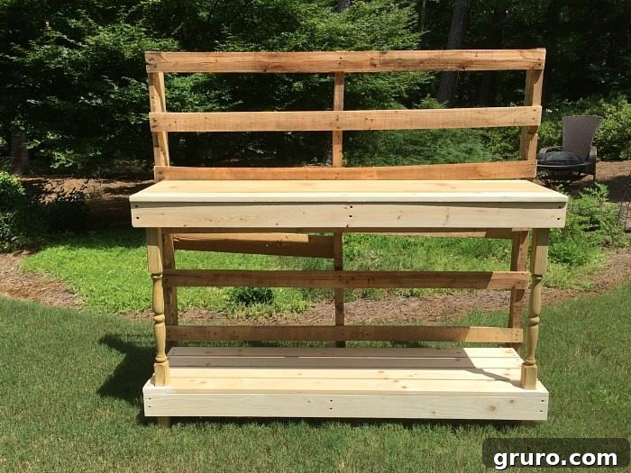 Rustic Farmhouse Pallet Potting Table 4 The process - Made from a pallet - outdoor potting table serves as buffet or drink service area
