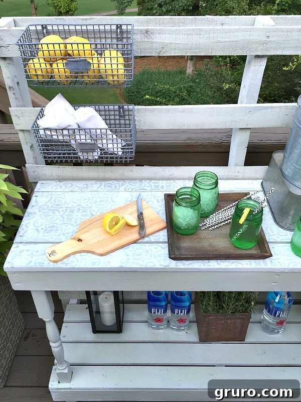 Pallet Potting Table - Rustic farmhouse serving area idea - Made from a pallet - outdoor potting table serves as buffet or drink service area Stenciled and painted - Dining -Rustic farmhouse serving area idea - Made from a pallet - outdoor potting table serves as buffet or drink service area