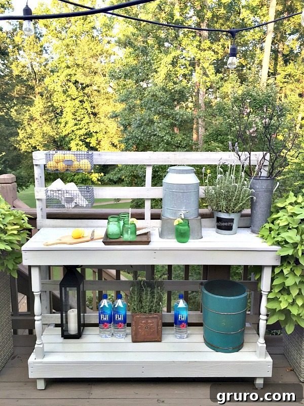 Rustic Farmhouse Pallet Potting Table 8 Rustic Farmhouse Pallet Project - Dining -Rustic farmhouse serving area idea - Made from a pallet - outdoor potting table serves as buffet or drink service area