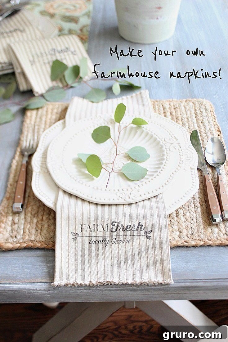 DIY Farm Fresh Napkins: Easy no-sew project with 1 yard of fabric. Step-by-step guide to making charming farmhouse napkins with ticking fabric and a printable design.