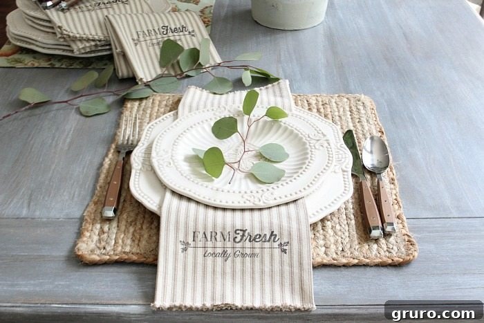 No-sew farmhouse napkins: A simple and rewarding DIY project. The finished farmhouse style napkins, created easily with just one yard of fabric and a free printable.