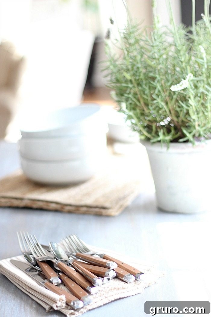 Rustic Charm X-Base Dining Table 7 Copper Silverware from Better Homes and Gardens Walmart line, perfectly styled on the table