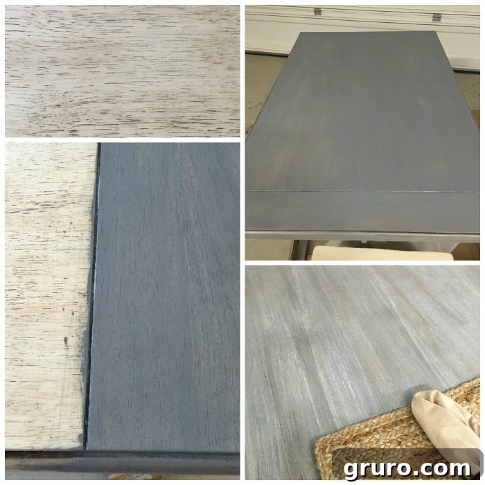 Rustic Charm X-Base Dining Table 2 Sanding and layering stain to create a driftwood finish on a dining table