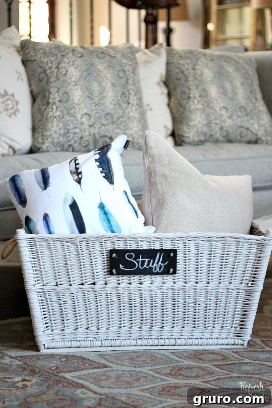 Collection of thrifted baskets painted with chalk paint for uniform storage