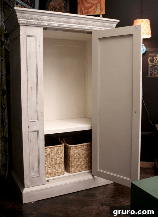 Upcycled TV Armoire for extra storage, transformed into a cottage farmhouse closet