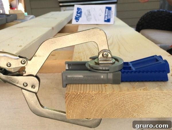 Illustrative image of using a Kreg jig to create pocket holes for strong wood joints
