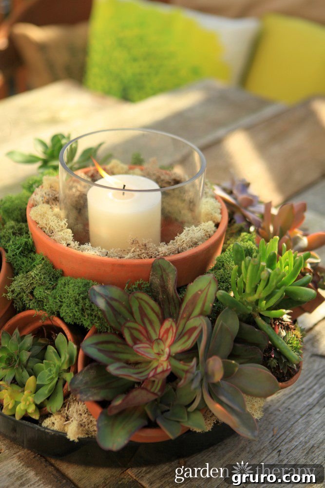 Outdoor Terracotta Pot Succulent Centerpiece with Candle