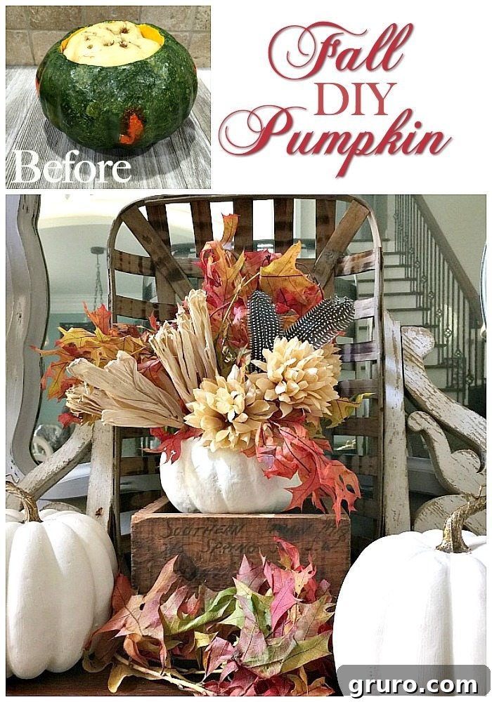 Elegant Fall Arrangement: White Pumpkin with Mums and Feathers Beautifully arranged white faux pumpkin with mums, fall leaves, and feathers for autumn decor