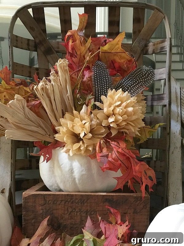 Fast and Easy Thrift Store Pumpkin Makeover for Fall Finished 10-minute thrifty pumpkin makeover showcasing a beautiful fall arrangement